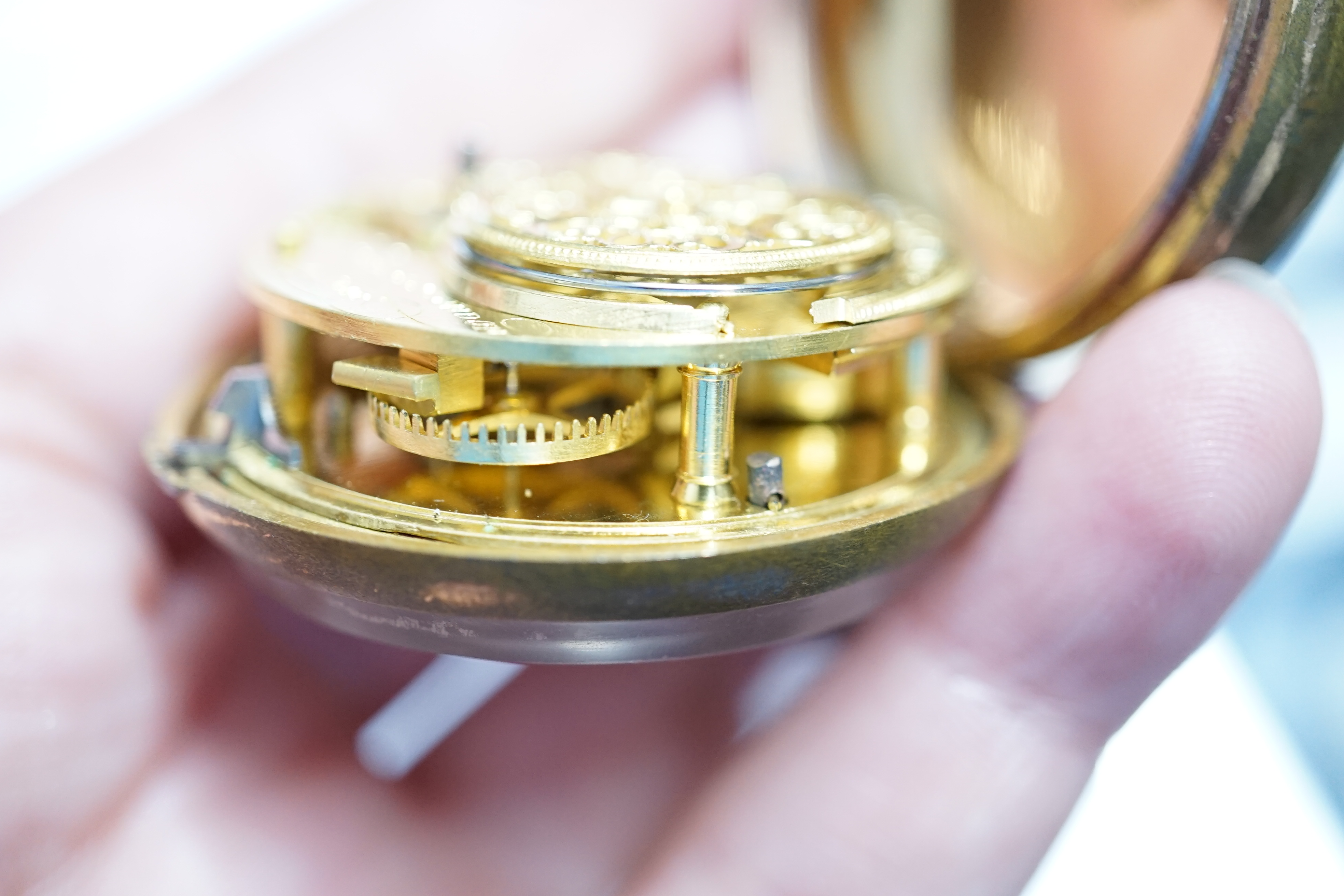 A George III pair cased gold plated keywind verge pocket watch, with a tortoiseshell outer case, by John Rentnow, London